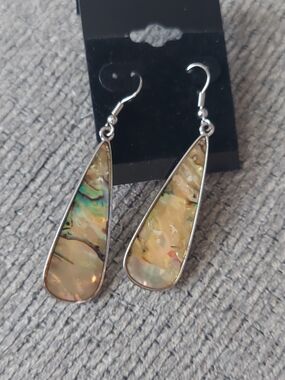 Iridescent Abalone Teardrop Dangle Earrings - Silver-Tone Frame - Green & Cream